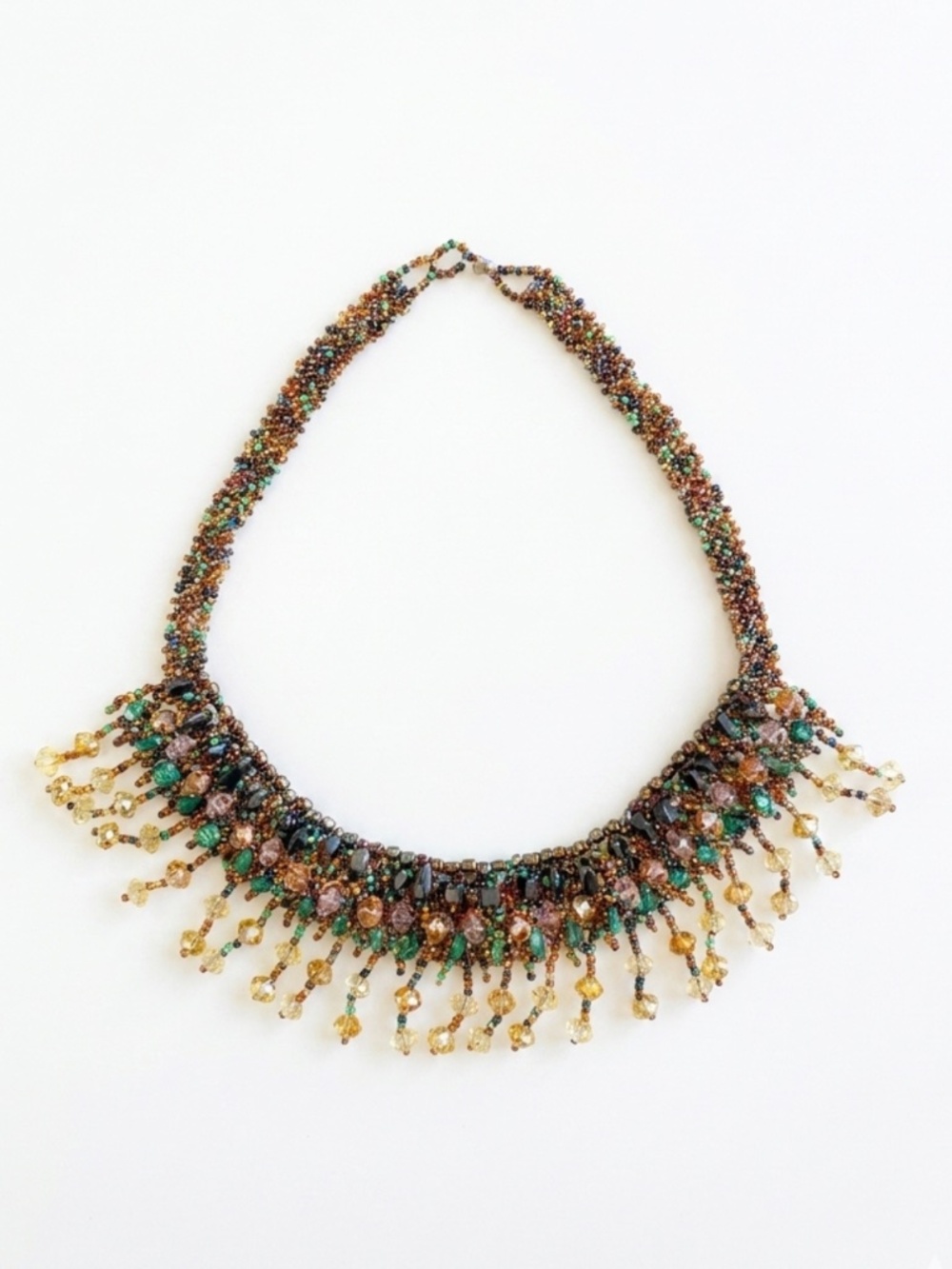 Artisan Hand-Beaded Statement Necklace | Earth Tone Multi-Gemstone Fringe